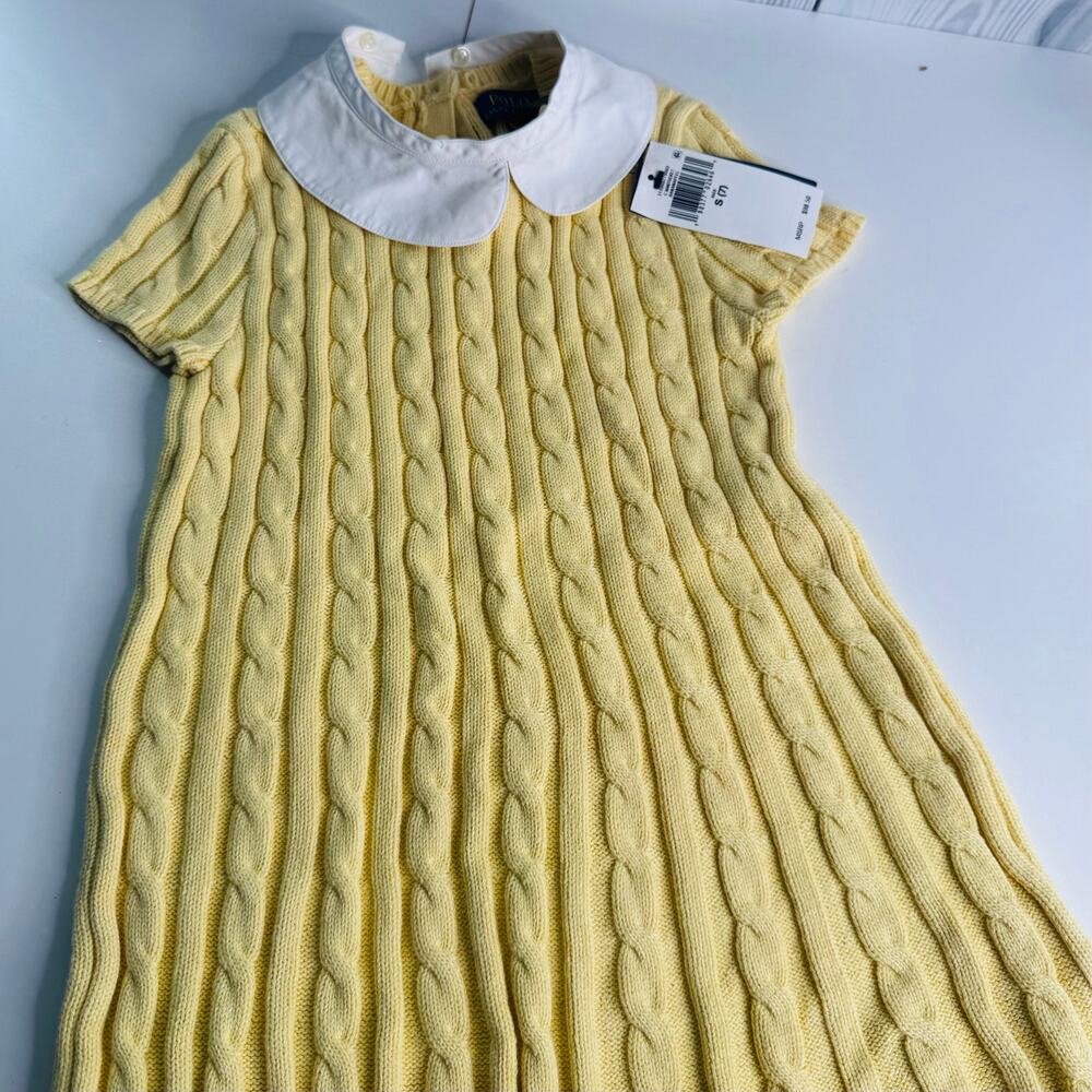HTF Ralph Lauren Polo Yellow Girls Cable Knit Cotton Dress Sz 7 Collar Sm Flaw